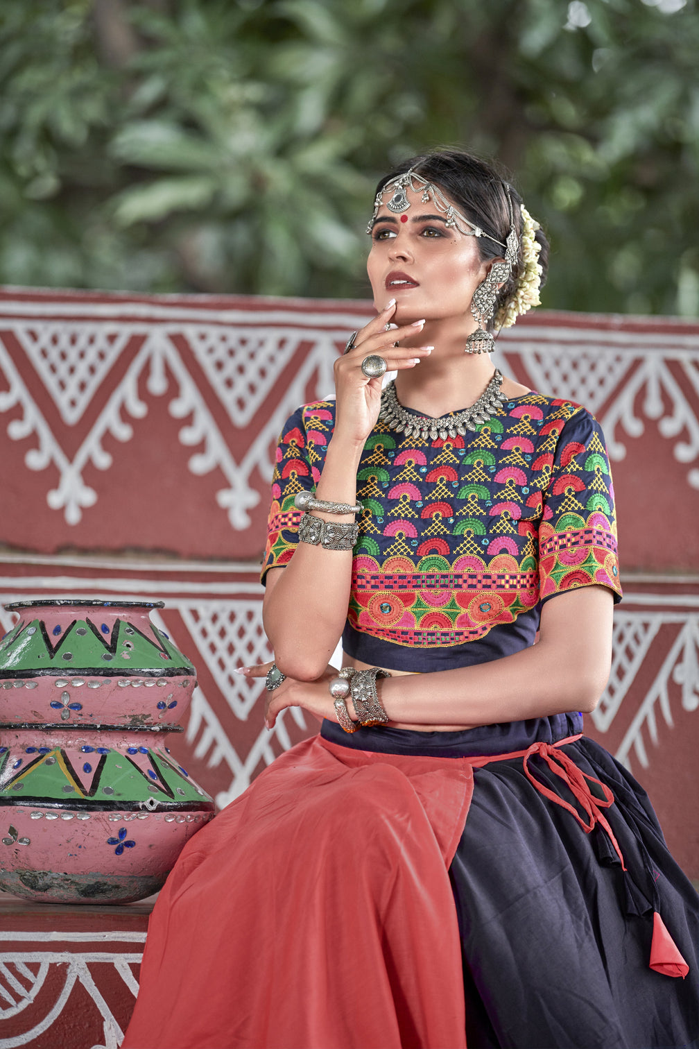 Navy-Blue & Orange Embroidered Cotton Indian Traditional Festival Dandiya Raas Garba Semi Stitched Navratri Lehenga