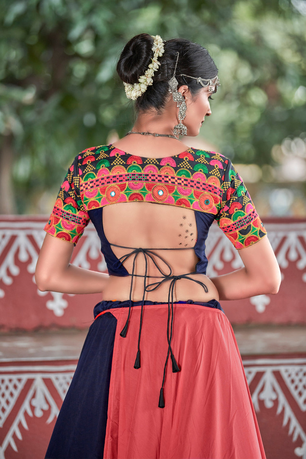 Navy-Blue & Orange Embroidered Cotton Indian Traditional Festival Dandiya Raas Garba Semi Stitched Navratri Lehenga