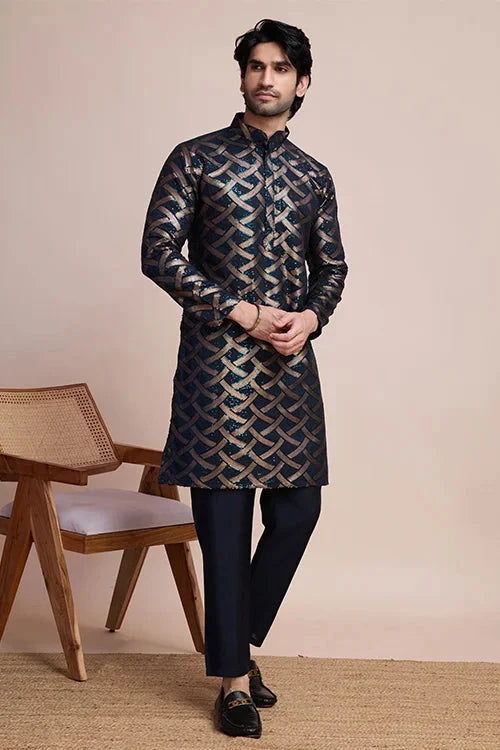 Navy Silk Men's Kurta for Special Occasions