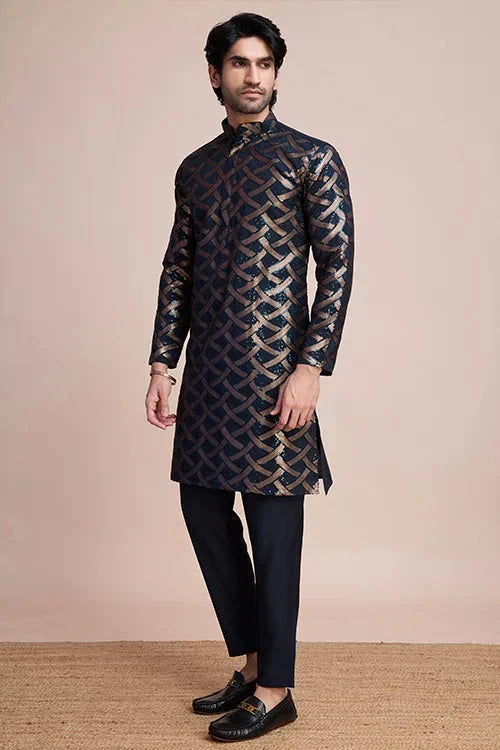 Navy Silk Men's Kurta for Special Occasions