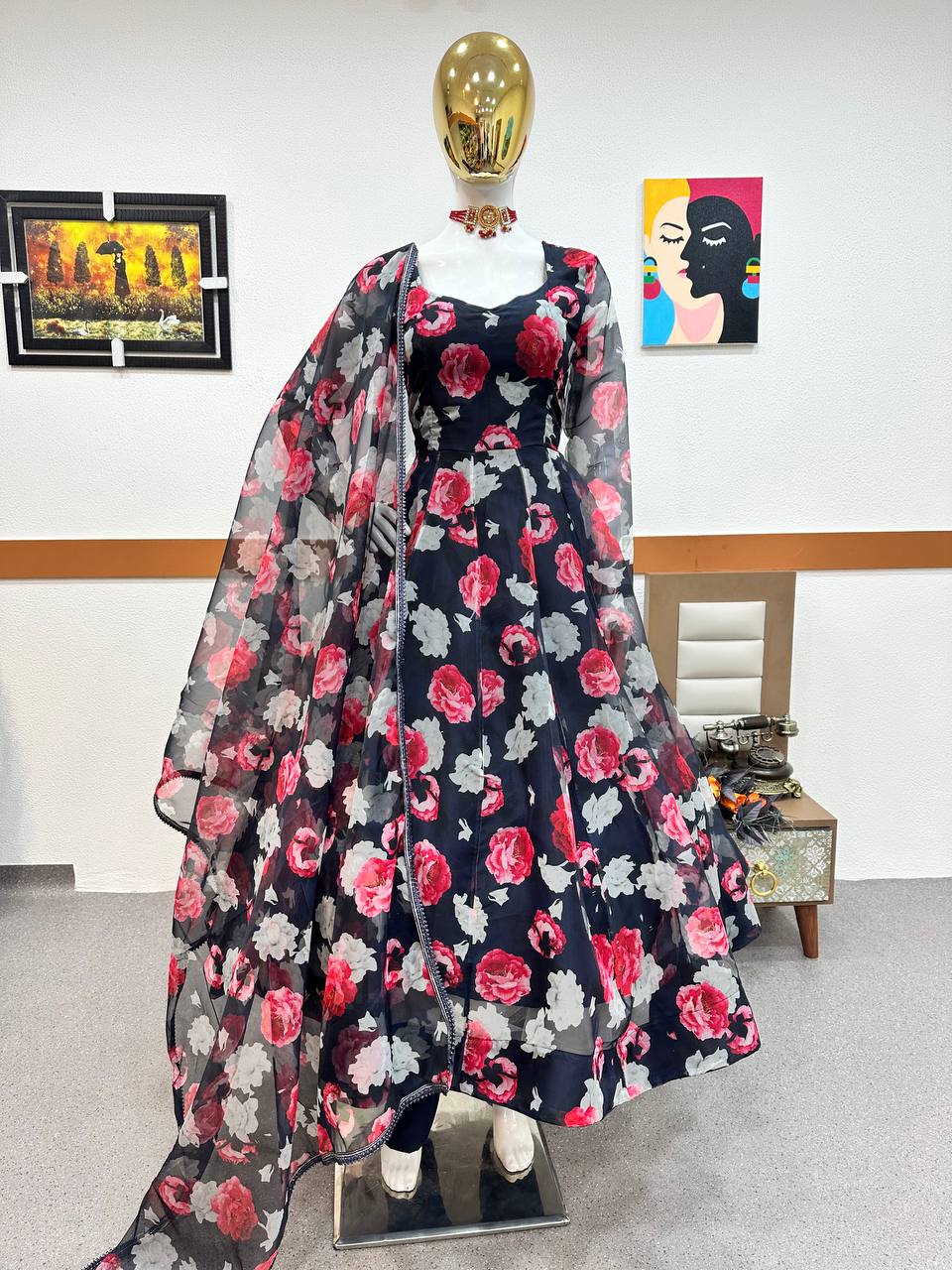 Navy Blue Anarkali Gown in Organza with Digital Print
