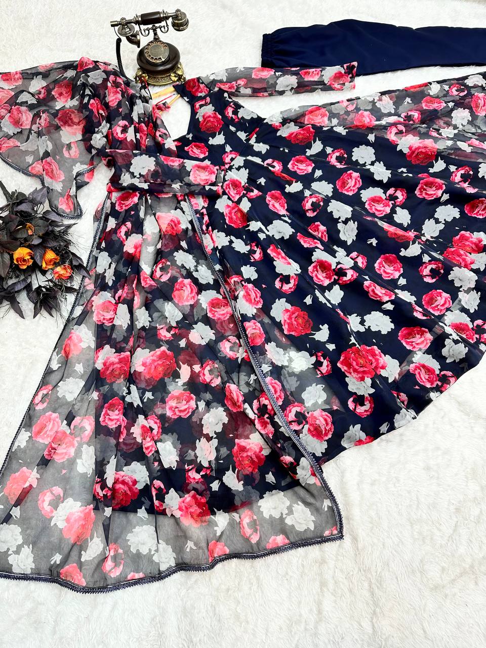 Navy Blue Anarkali Gown in Organza with Digital Print
