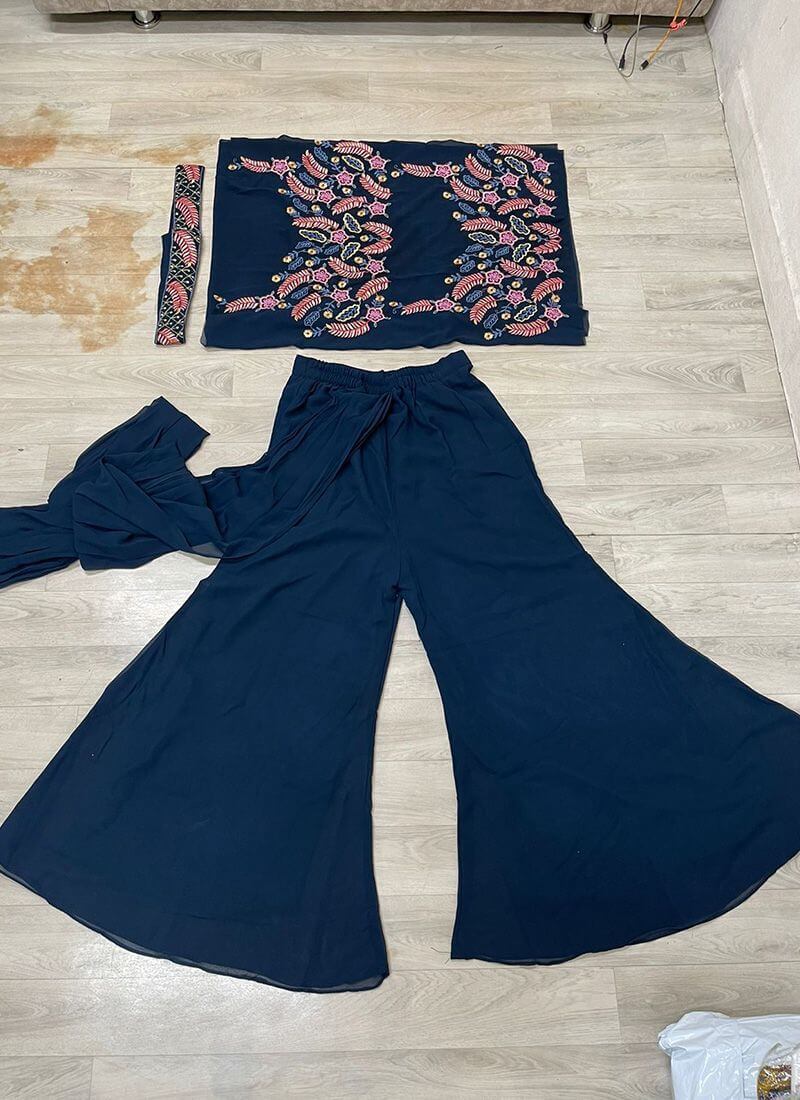 Navy Blue Color Georgette Fabric Thread And Zari Work Palazzo Salwar Suit