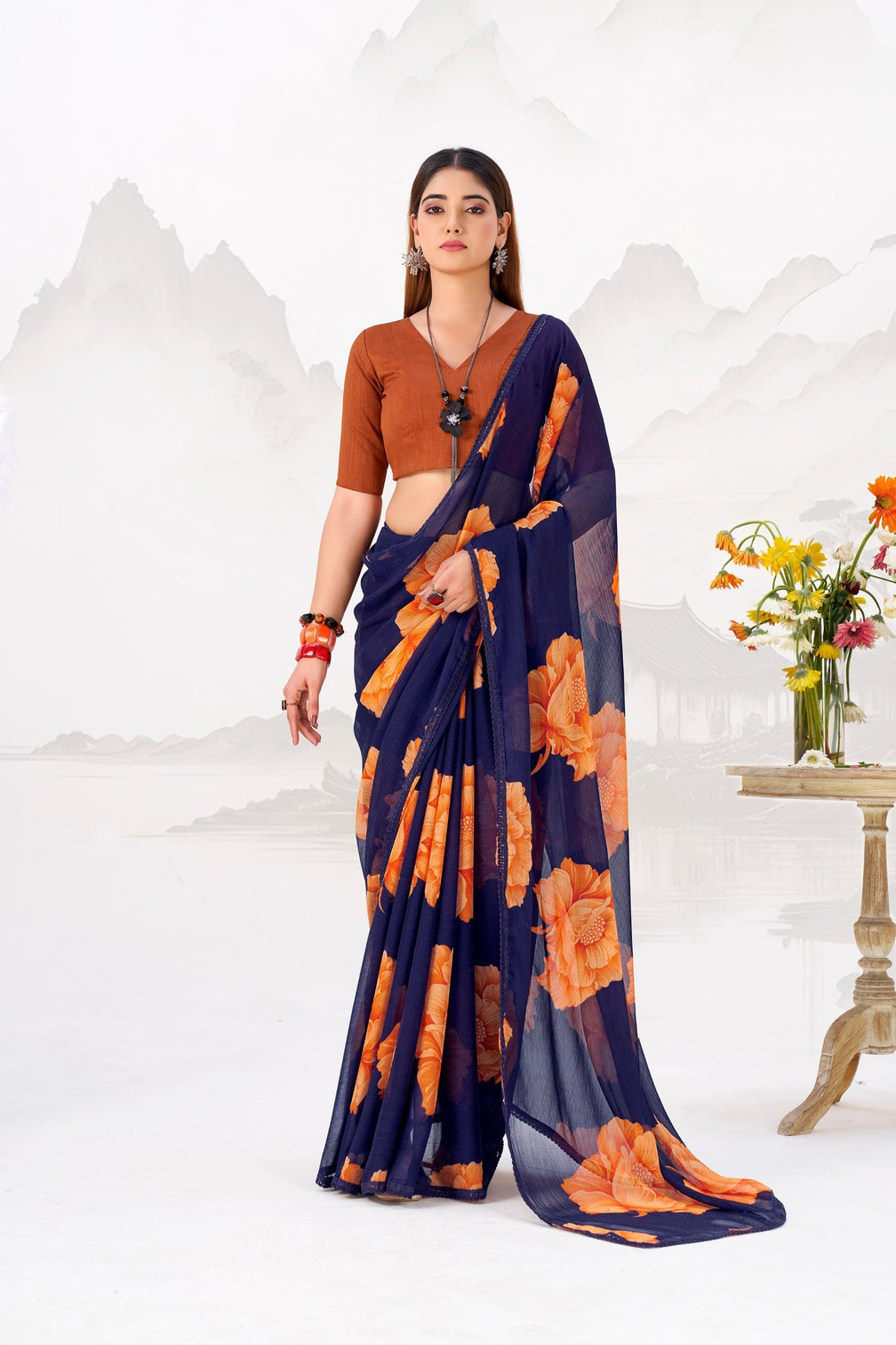 Navy Blue Elegant Chiffon Saree with Floral Print & Lace Border – Unstitched Banglory Blouse