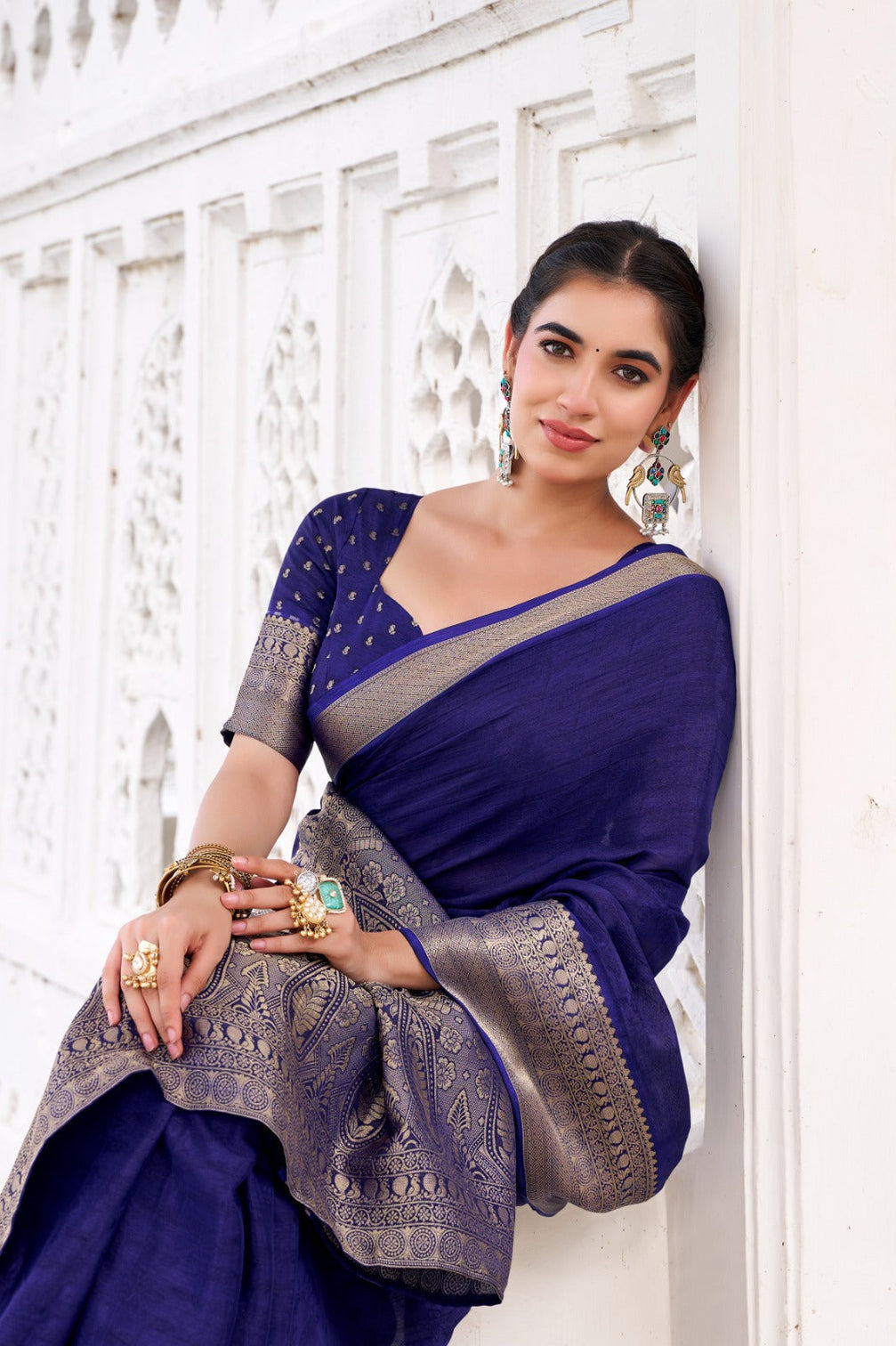 Navy Blue Elegant Chinon Saree with Self Print & Zari Weaving Work Unstitched Blouse Included