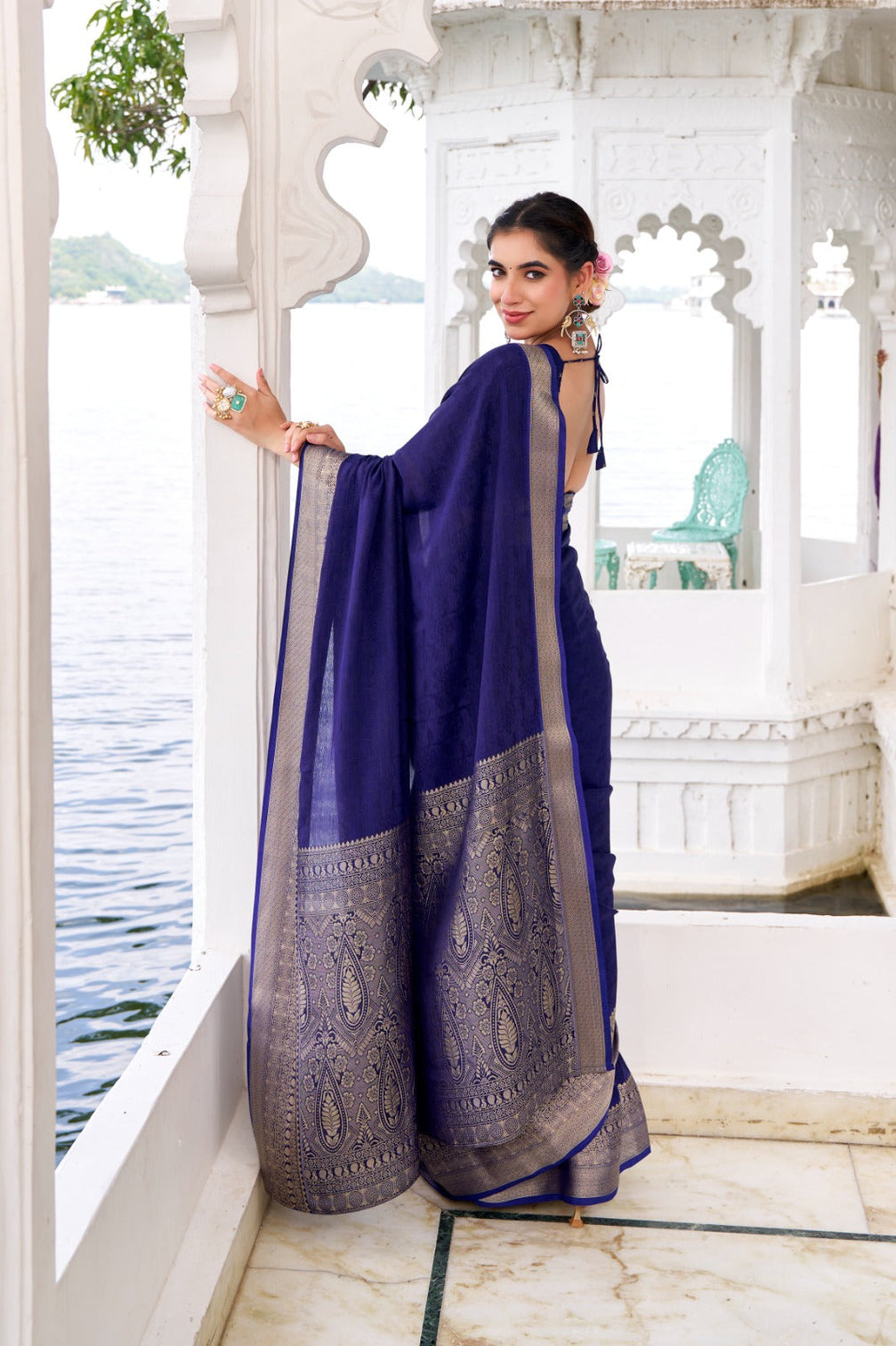 Navy Blue Elegant Chinon Saree with Self Print & Zari Weaving Work Unstitched Blouse Included
