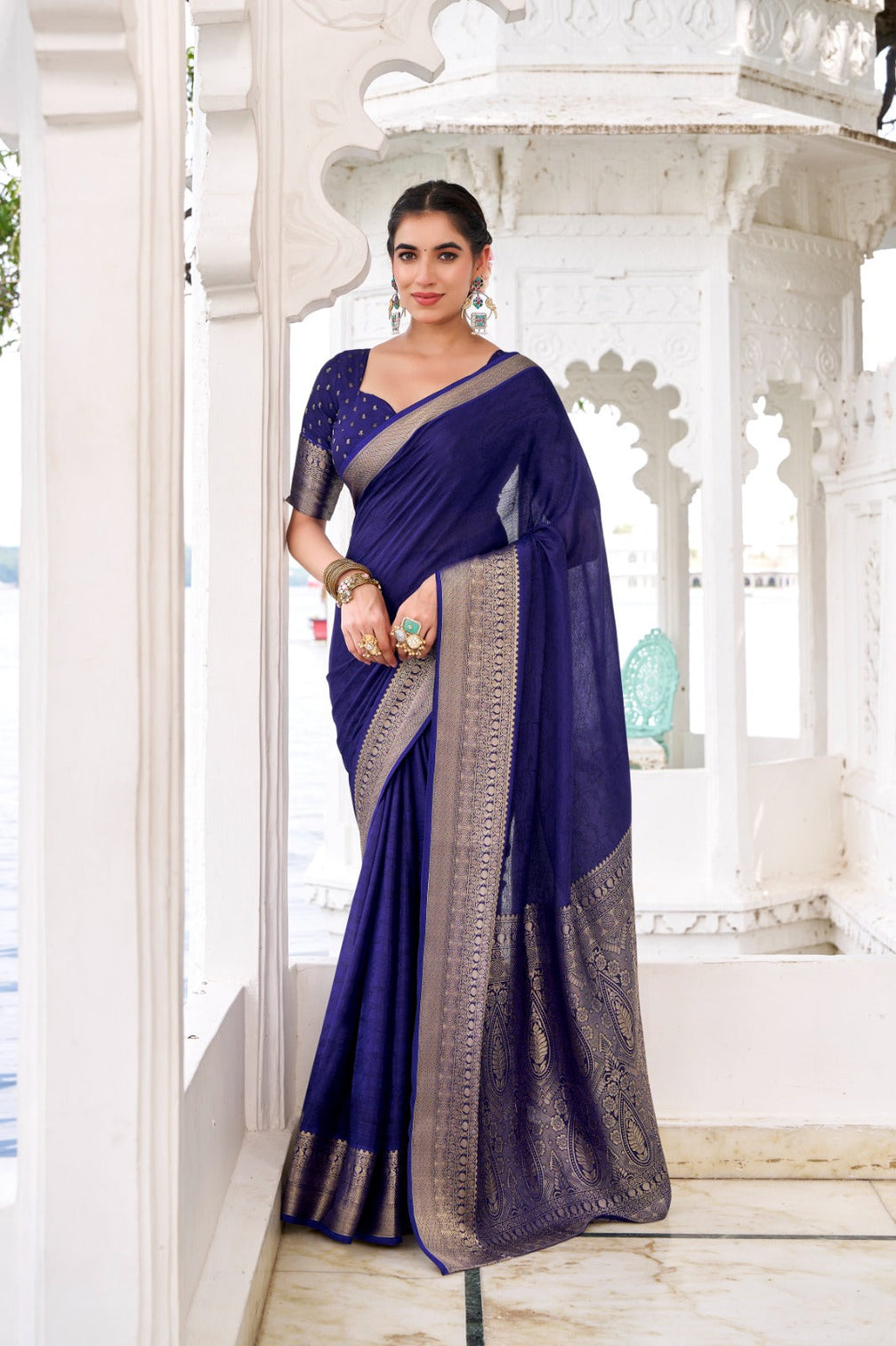 Navy Blue Elegant Chinon Saree with Self Print & Zari Weaving Work Unstitched Blouse Included