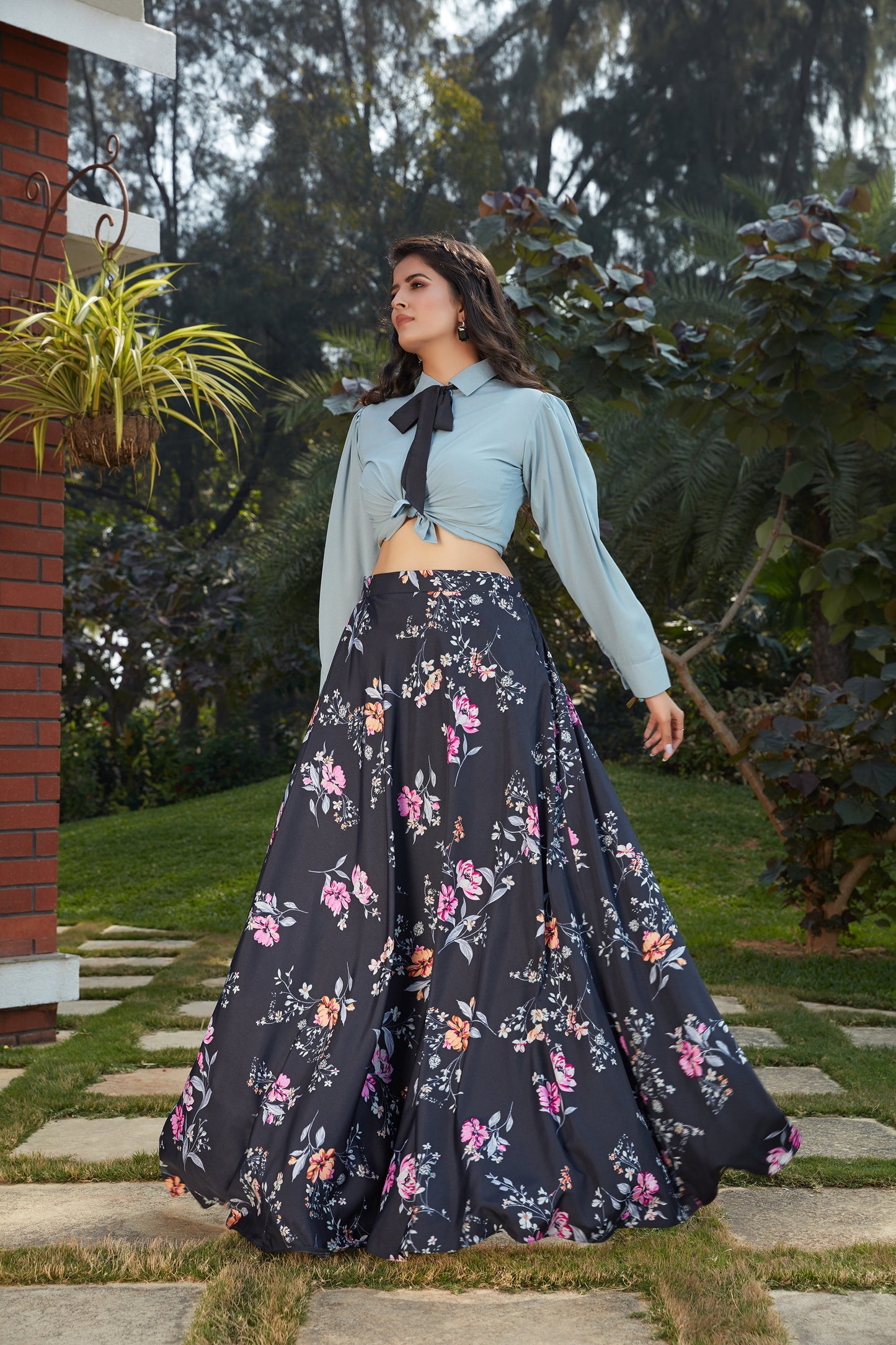 Navy Blue Floral Crepe Indo Western Ready To Wear Skirt With Crop Top