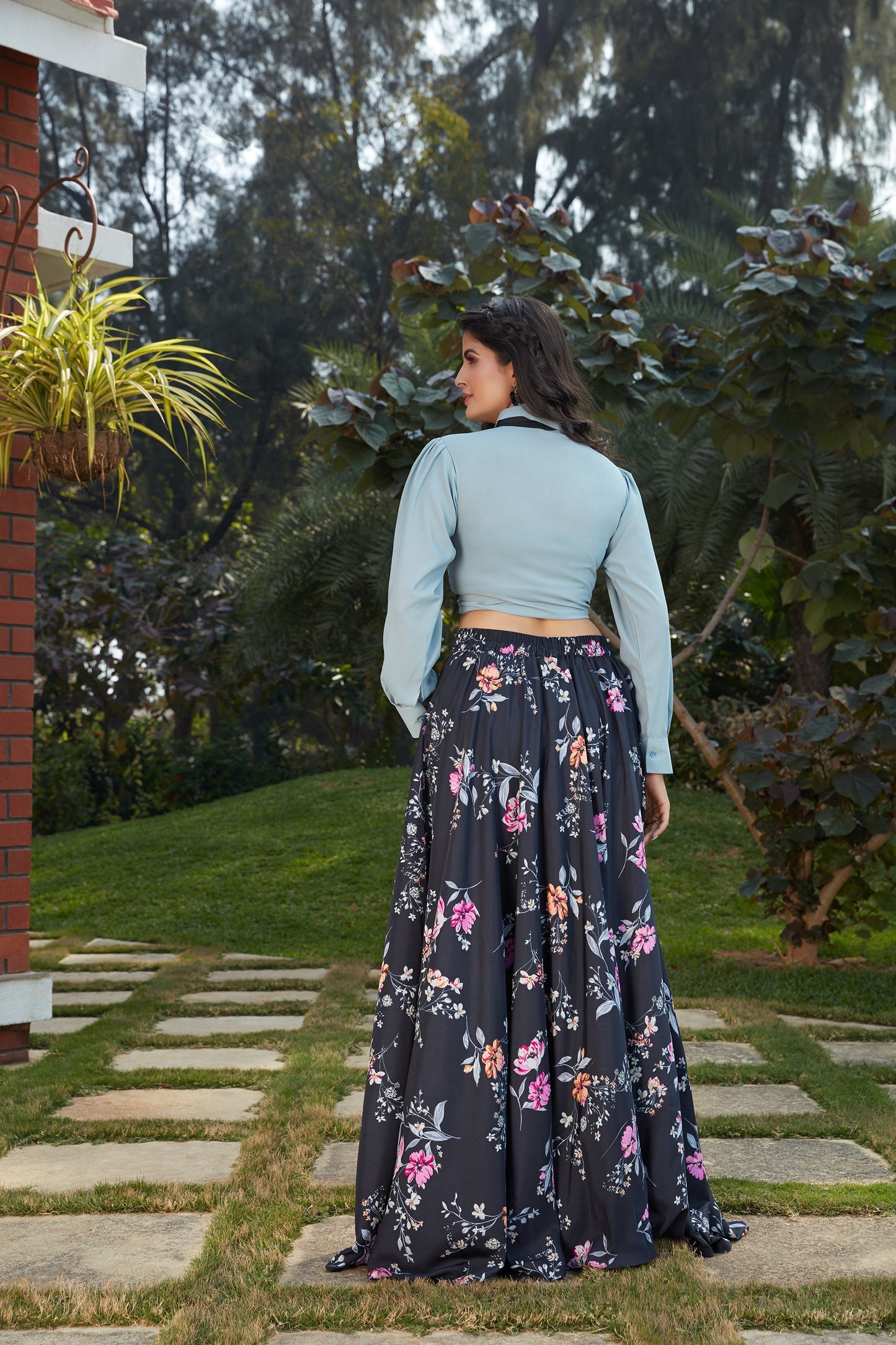 Navy Blue Floral Crepe Indo Western Ready To Wear Skirt With Crop Top