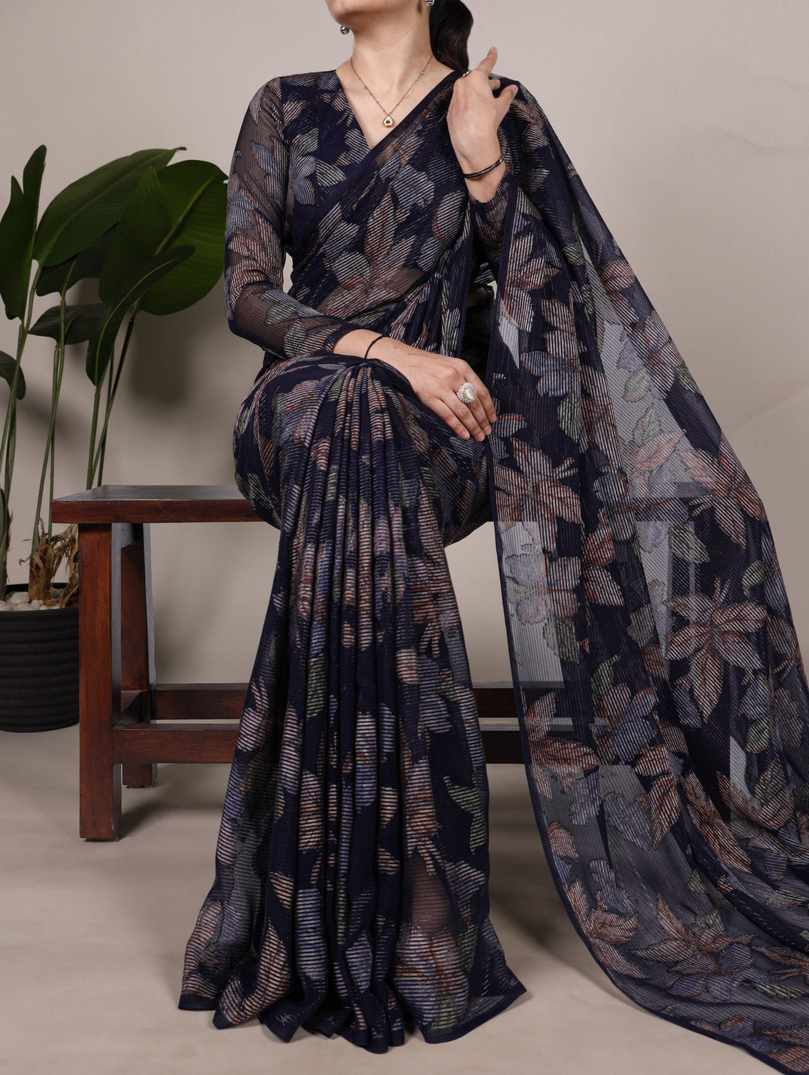 Navy Blue Floral Lurex Brasso Saree with Unstitched Blouse – Elegant Viscose Brasso Work