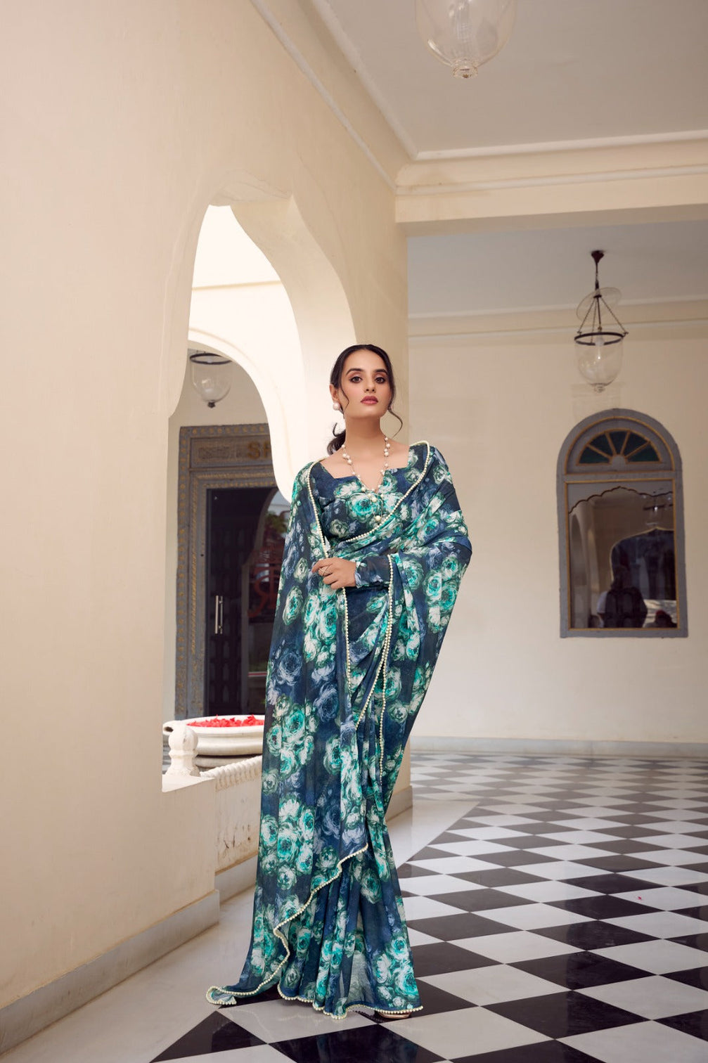Navy Blue Floral Printed Weightless Marble Saree with Pearl Lace Border