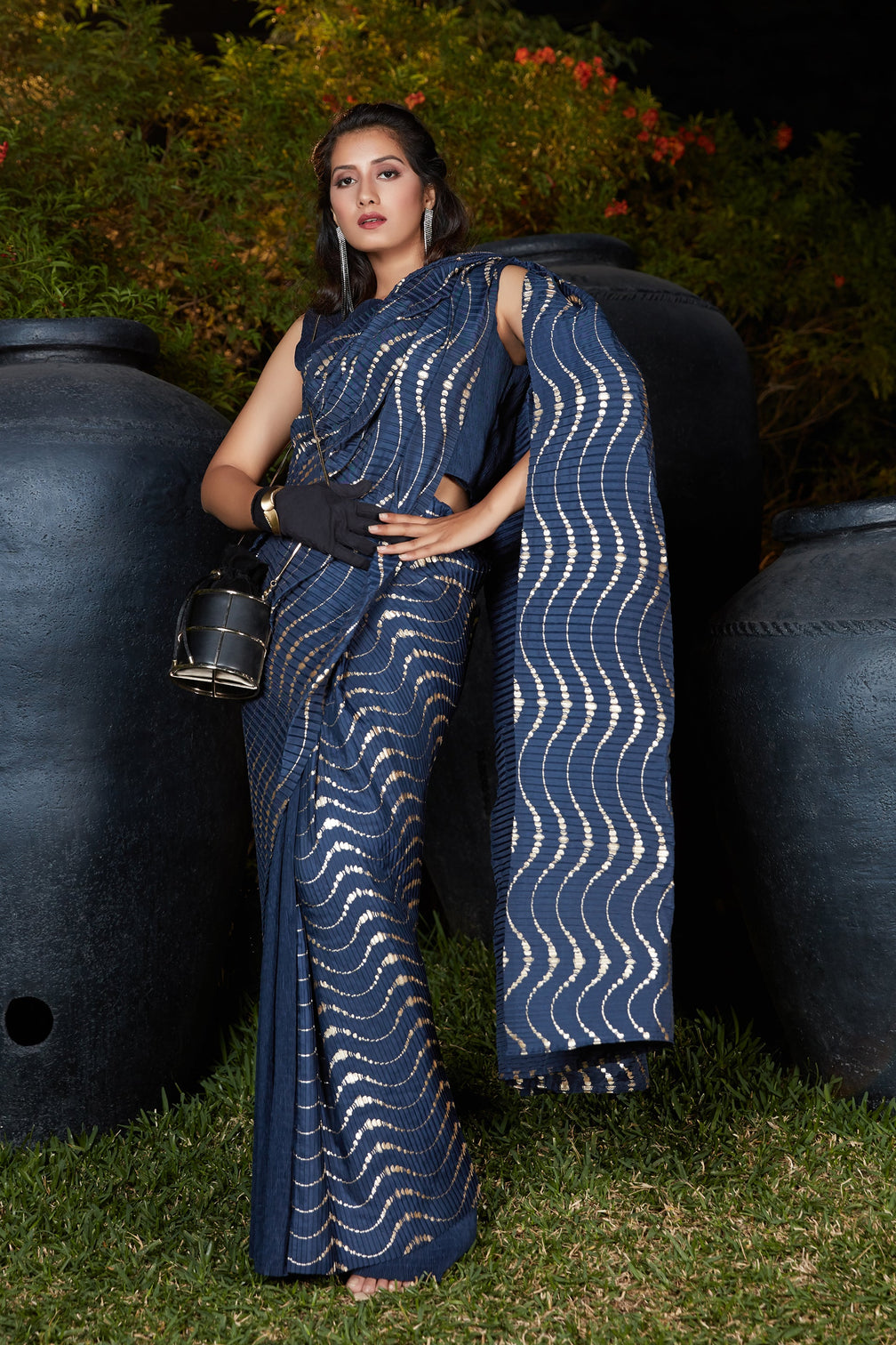 Navy Blue Foil Work Silk Party Wear Pleated Saree With Blouse
