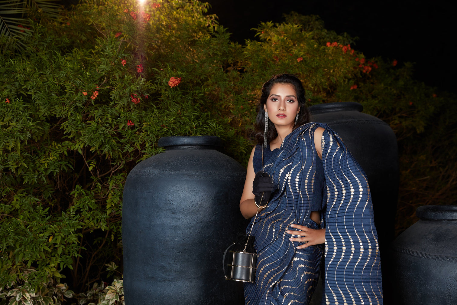 Navy Blue Foil Work Silk Party Wear Pleated Saree With Blouse