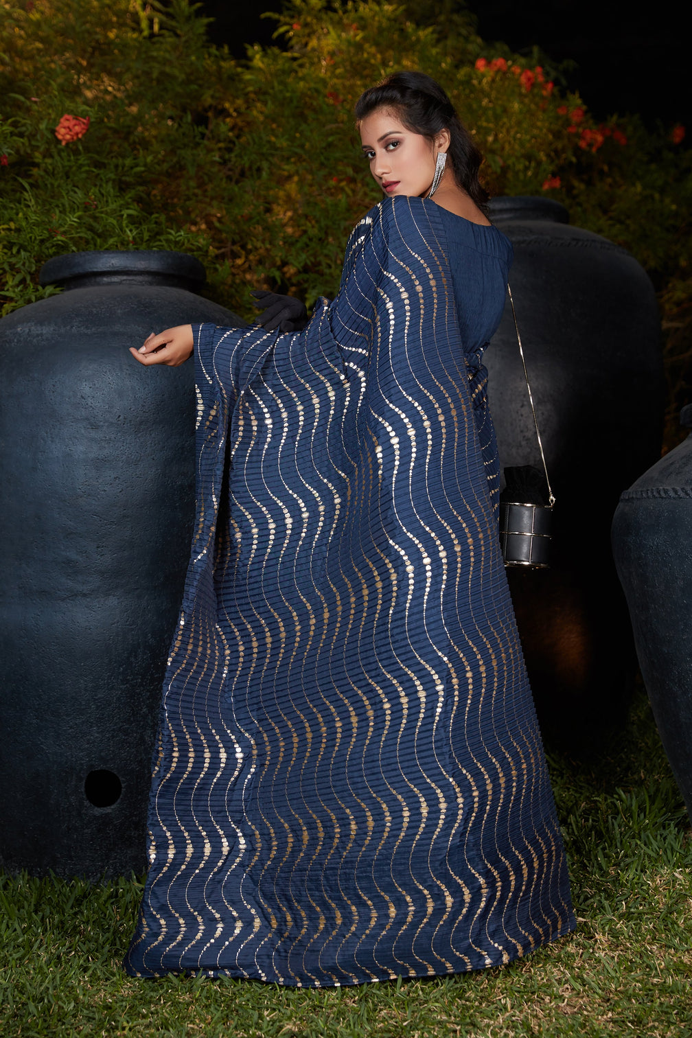 Navy Blue Foil Work Silk Party Wear Pleated Saree With Blouse
