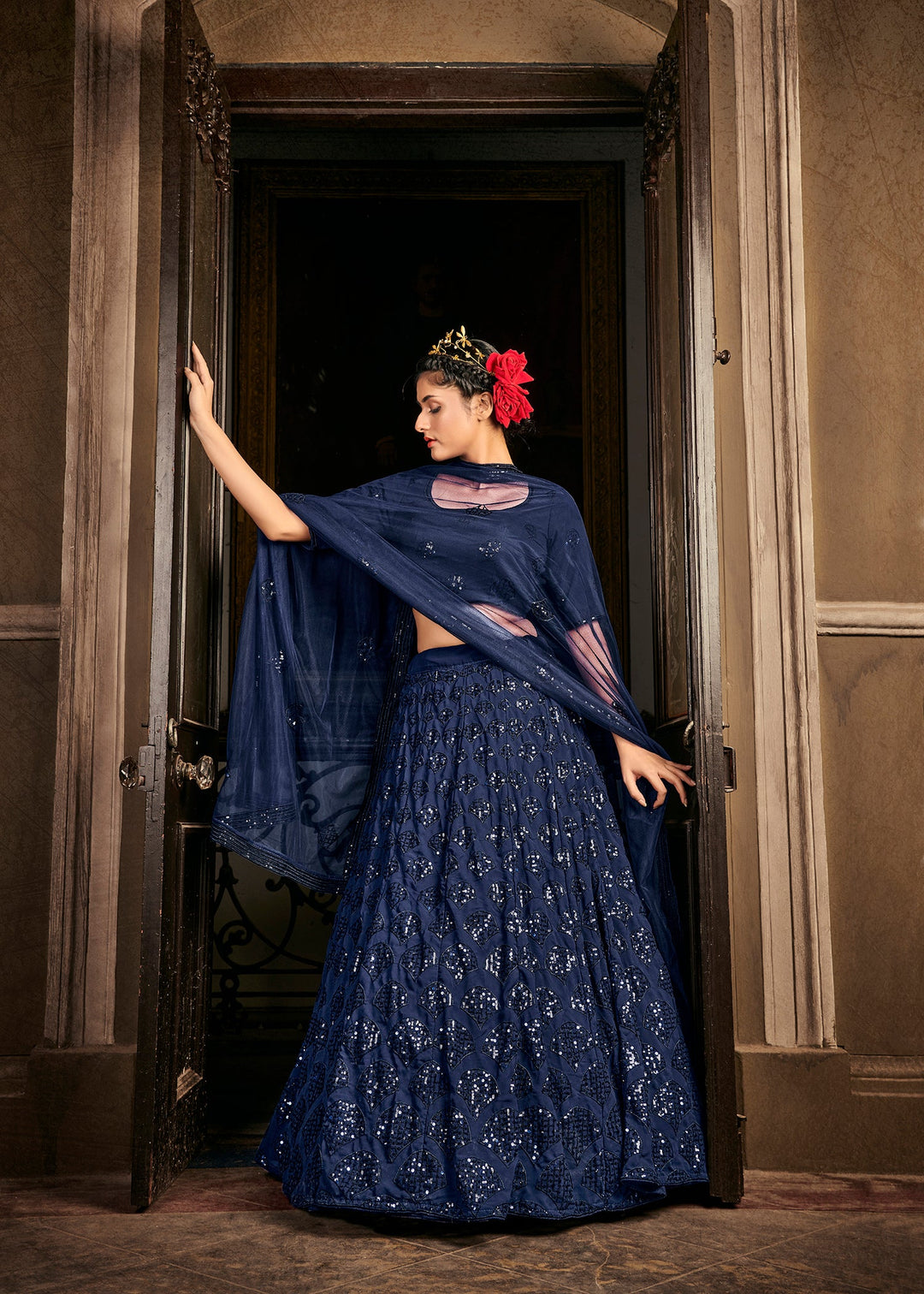Navy Blue Georgette Bridal Wear Embroidery Work Lehenga Choli