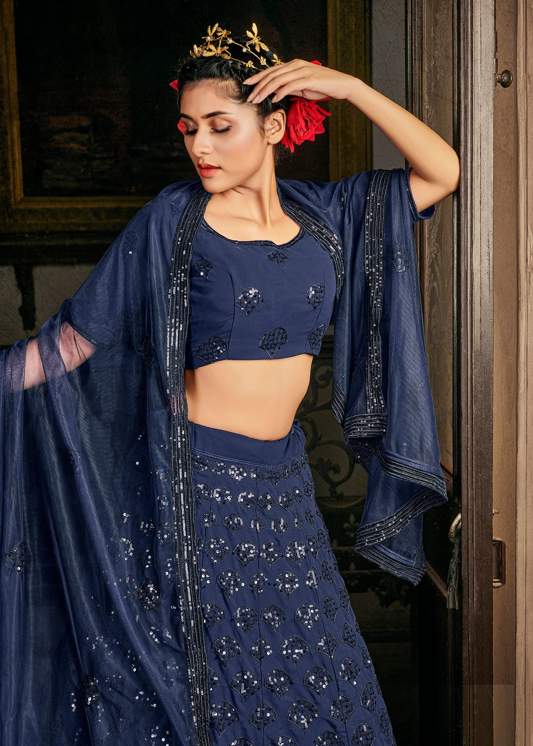 Navy Blue Georgette Bridal Wear Embroidery Work Lehenga Choli