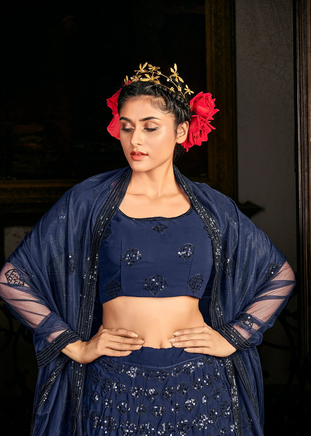 Navy Blue Georgette Bridal Wear Embroidery Work Lehenga Choli