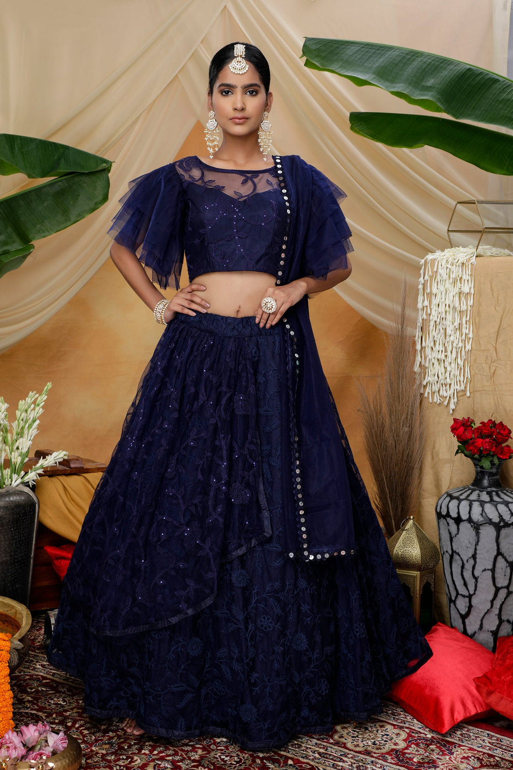 Navy Blue Heavy Net With Embroidered Party Wear Lengha , And Traditional Wear For Women