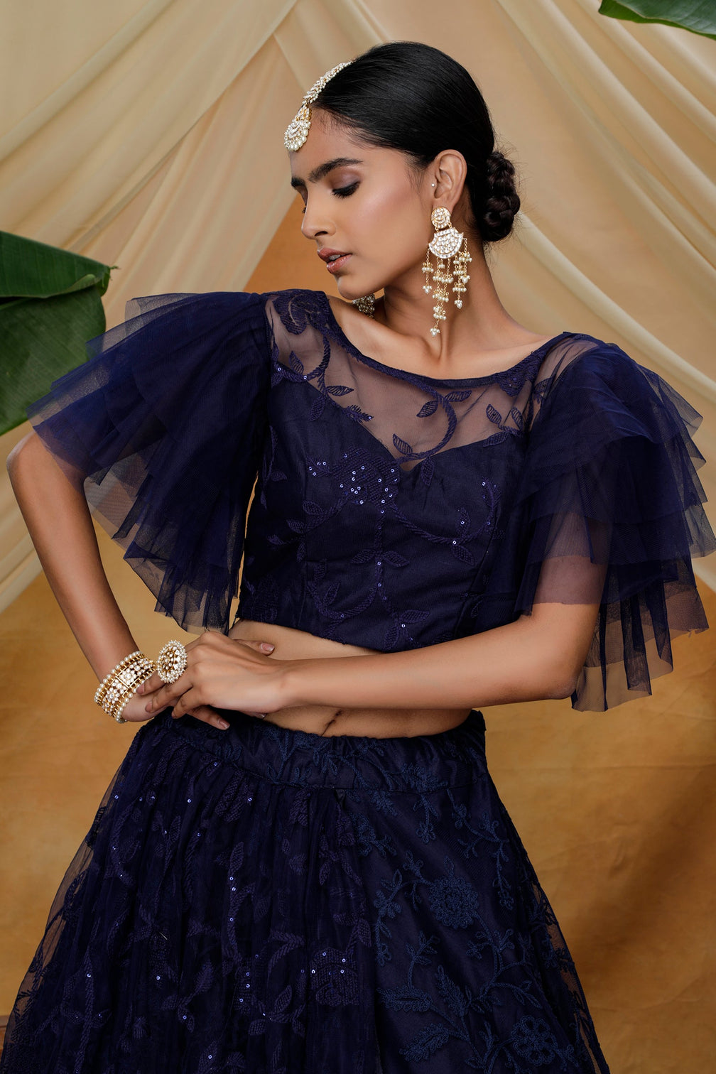 Navy Blue Heavy Net With Embroidered Party Wear Lengha , And Traditional Wear For Women