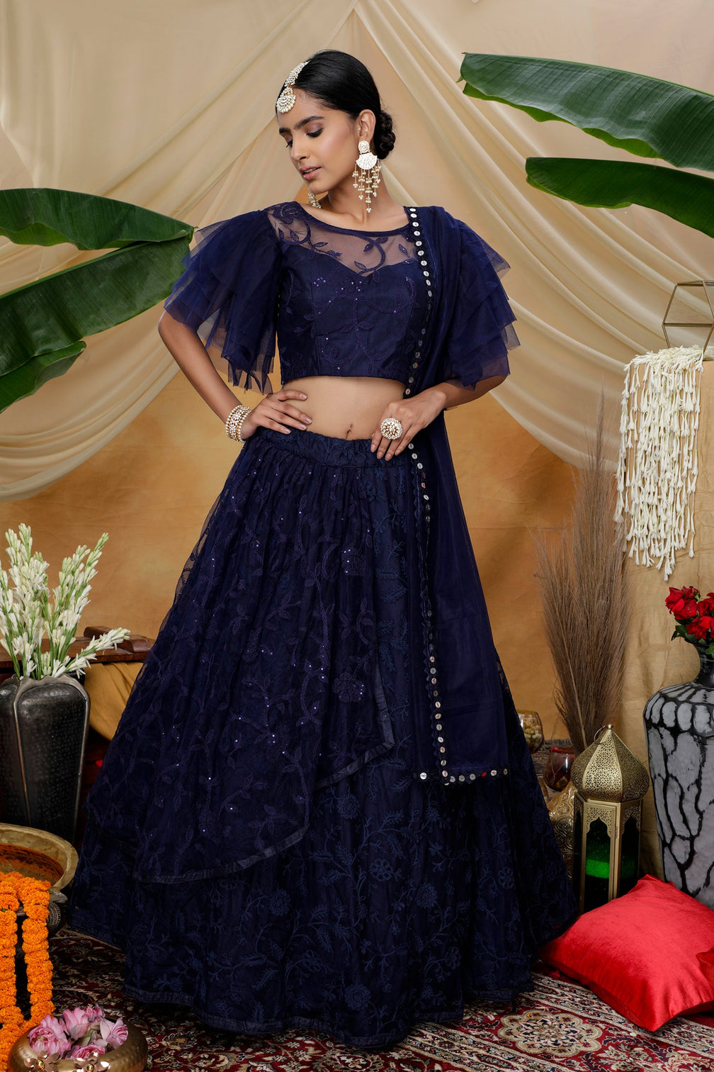 Navy Blue Heavy Net With Embroidered Party Wear Lengha , And Traditional Wear For Women