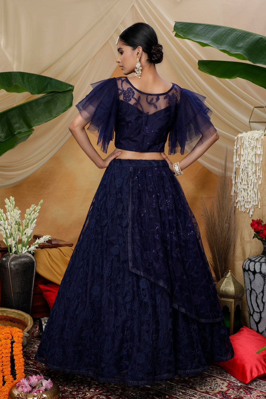 Navy Blue Heavy Net With Embroidered Party Wear Lengha , And Traditional Wear For Women
