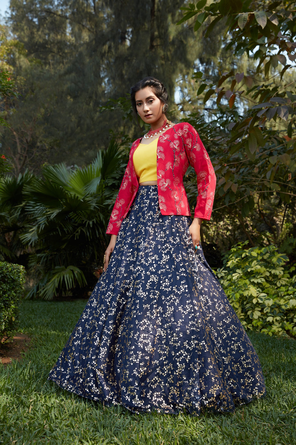 Navy Blue Lehenga Metallic Foil Printed Work With Koti Lehenga, Wedding Wear And Also Party Wear Latest Designer Chaniya Choli For Women