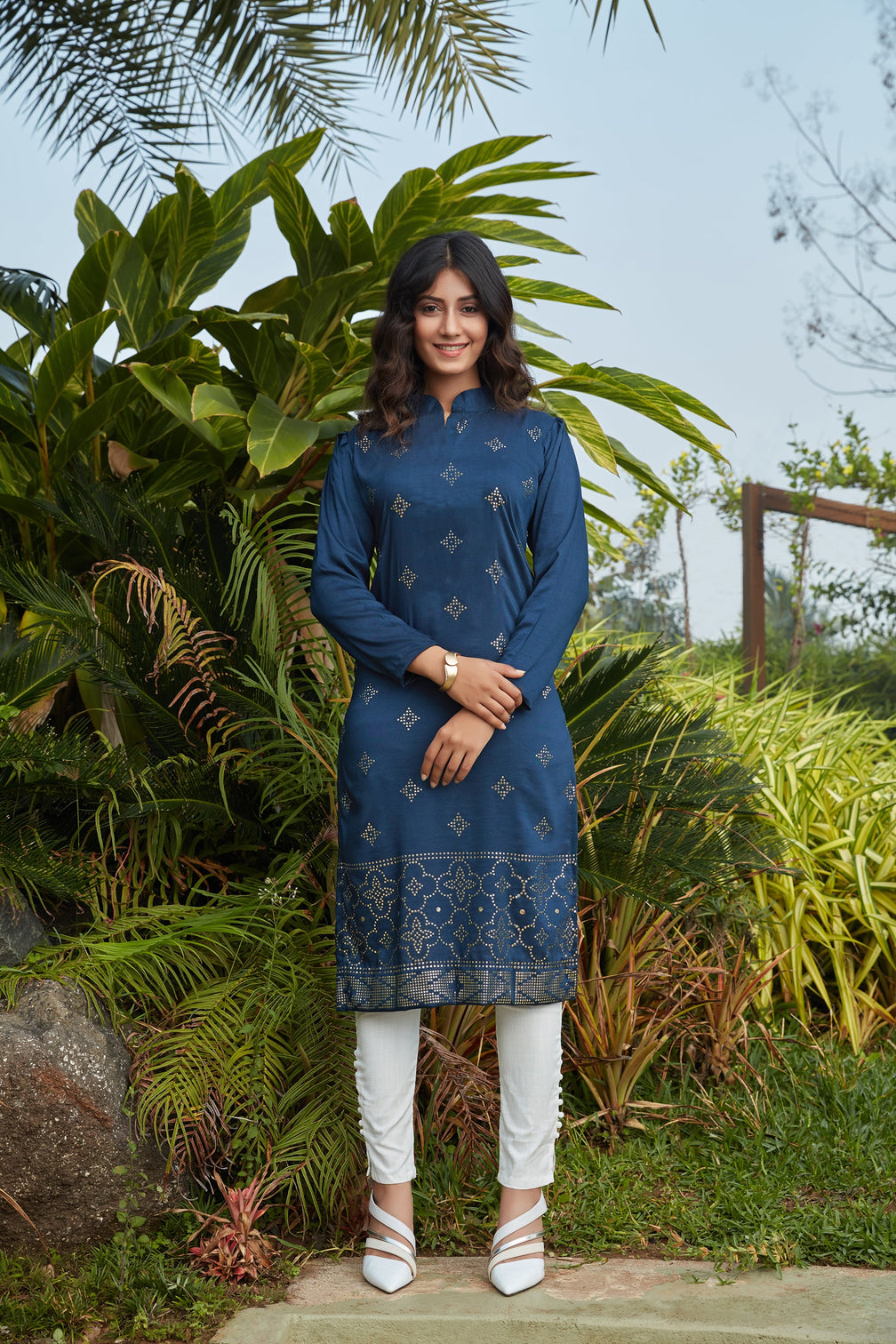 Navy Blue Mukaish Worked Cotton Readymade Kurti