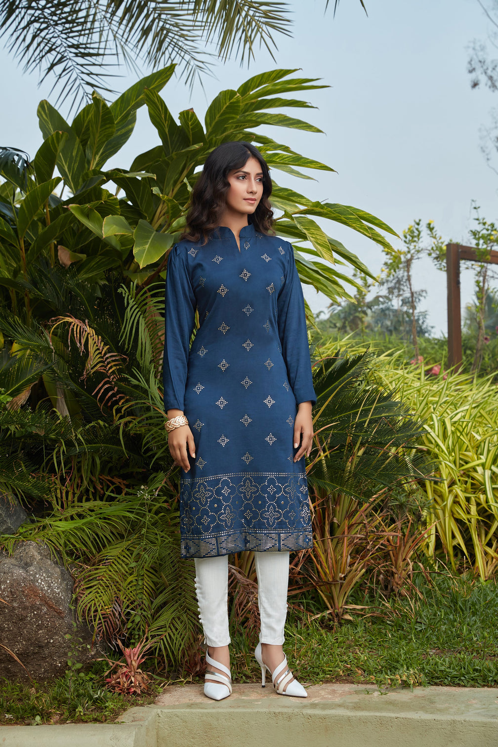 Navy Blue Mukaish Worked Cotton Readymade Kurti