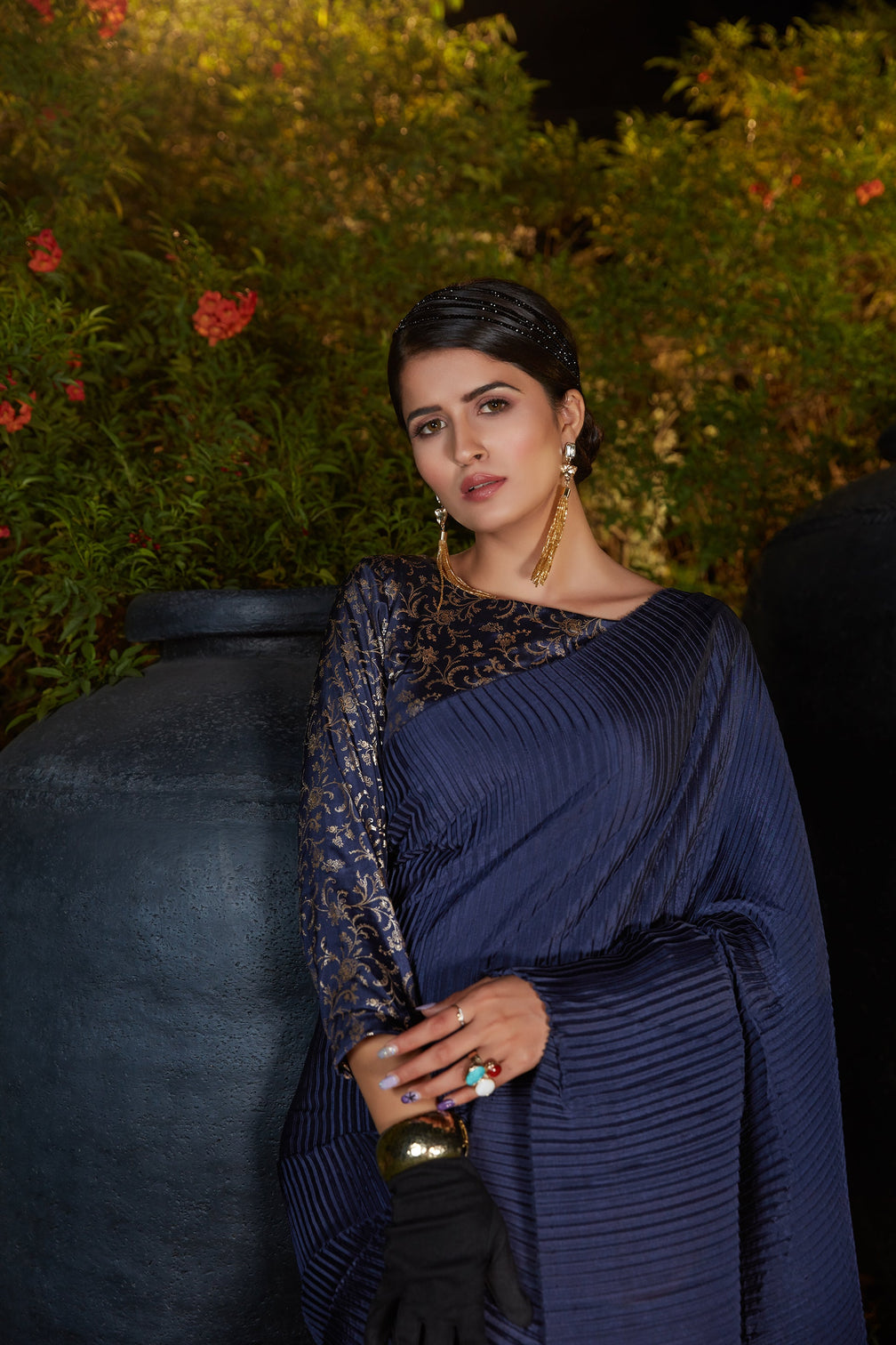 Navy Blue Pleated Foil Work Silk Party Wear Saree With Blouse