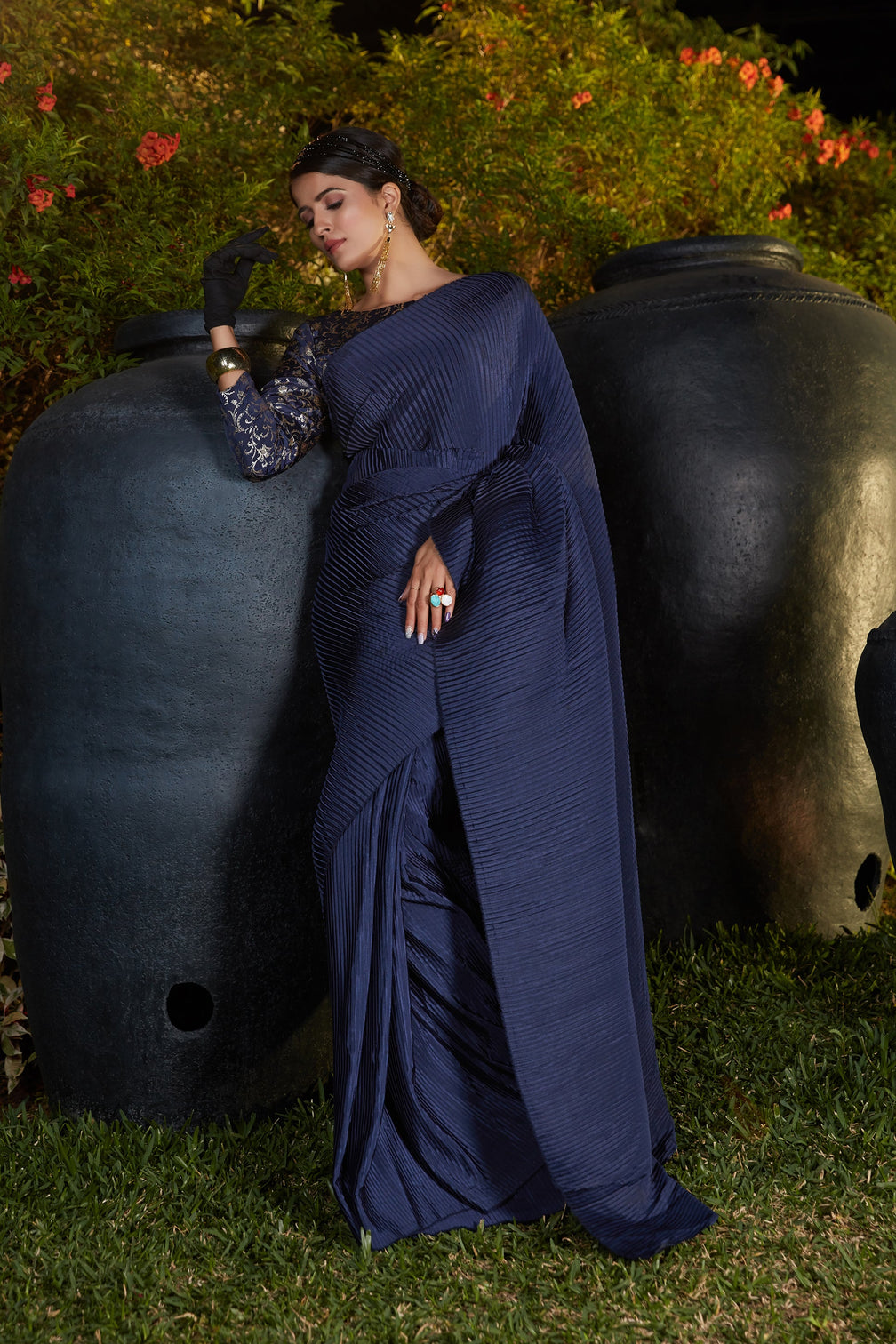 Navy Blue Pleated Foil Work Silk Party Wear Saree With Blouse