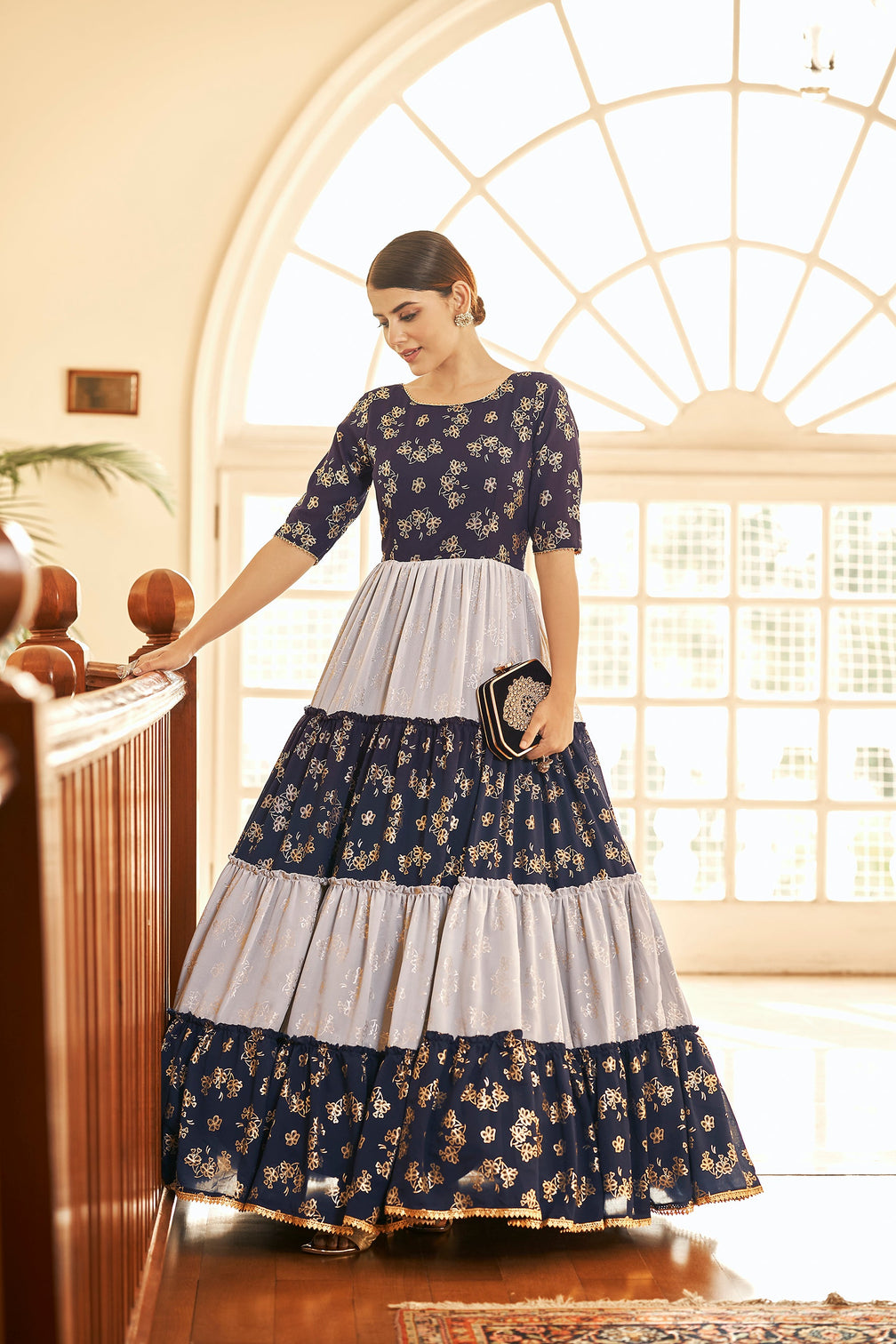 Navy Blue Semi Stitched Georgette Foil Print Long Gown
