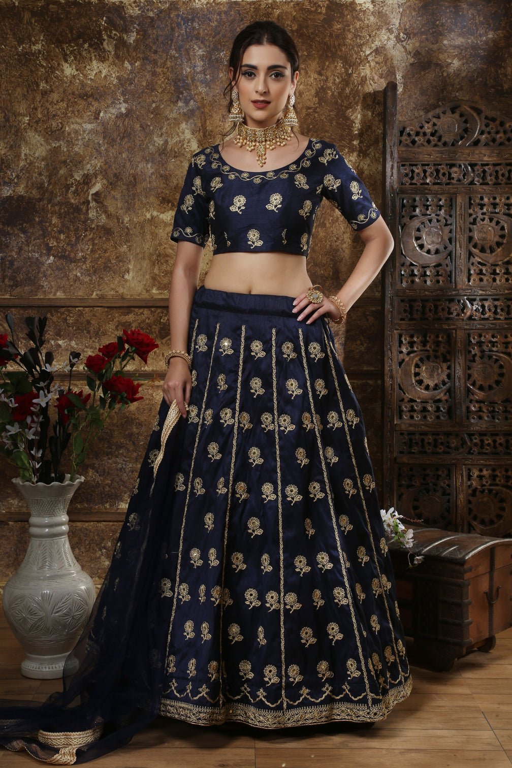 Navy Blue Thai Silk Embroidery And Mirror Work Lehenga Choli