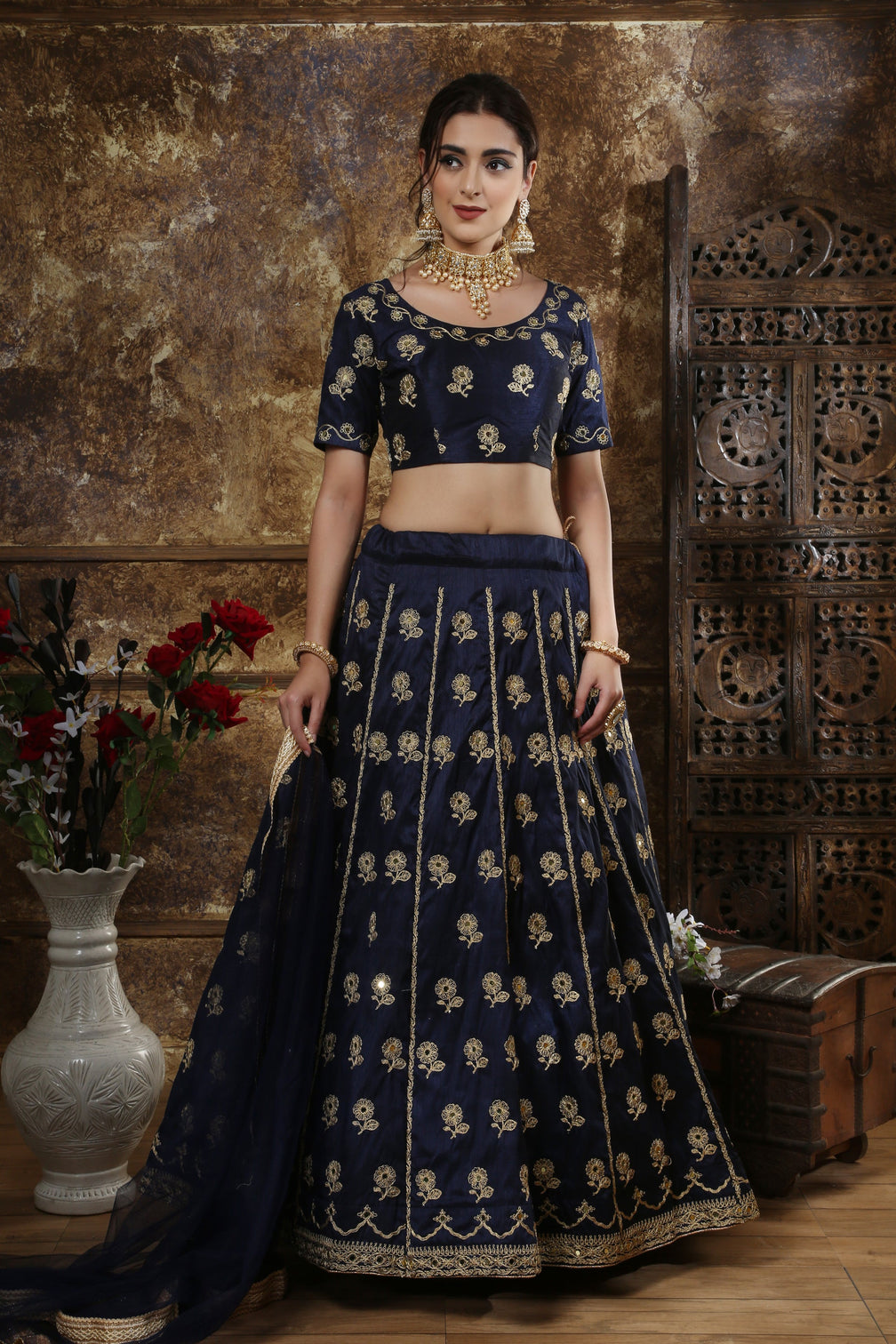 Navy Blue Thai Silk Embroidery And Mirror Work Lehenga Choli