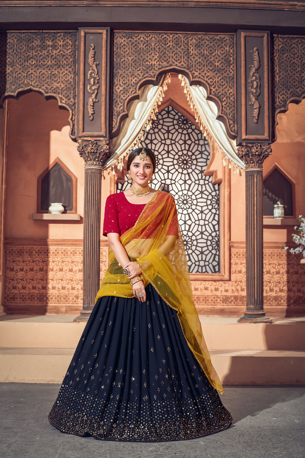 Navy Blue Thread Embroidered Georgette Party Lehenga Choli With Dupatta