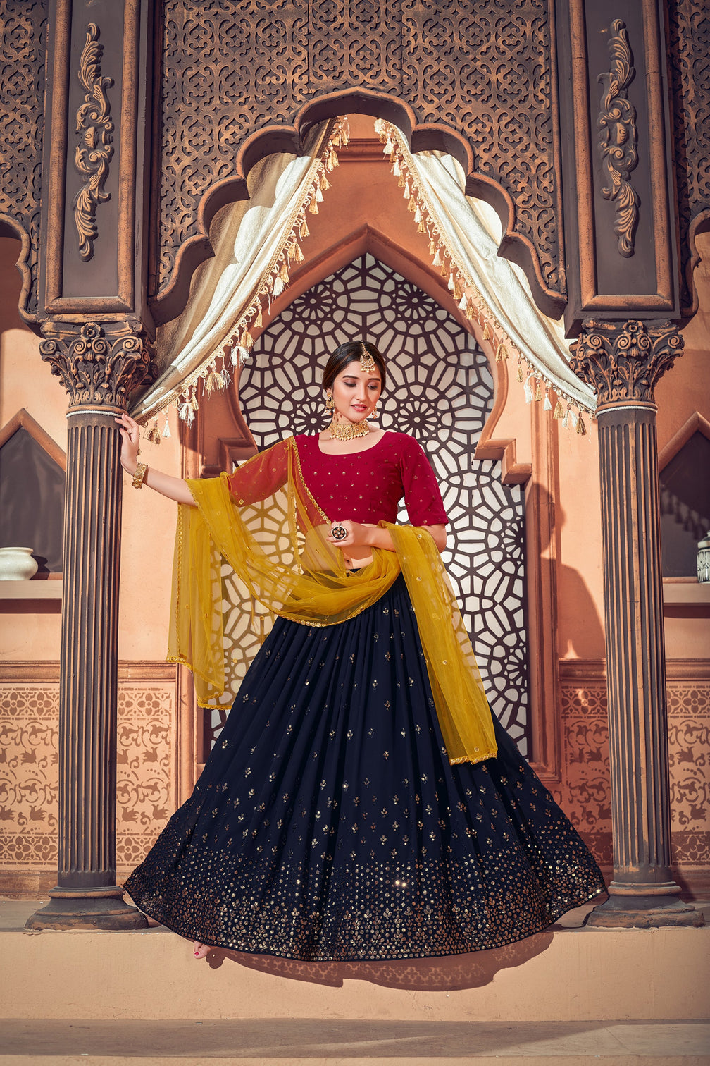 Navy Blue Thread Embroidered Georgette Party Lehenga Choli With Dupatta