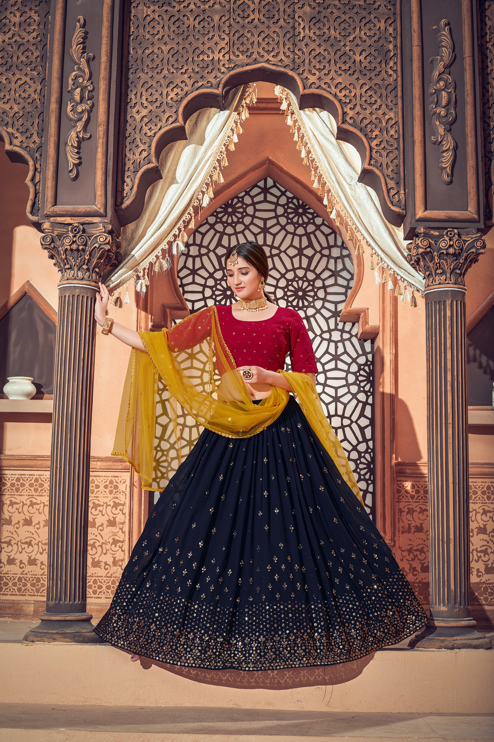 Navy Blue Thread Embroidered Georgette Party Lehenga Choli With Dupatta