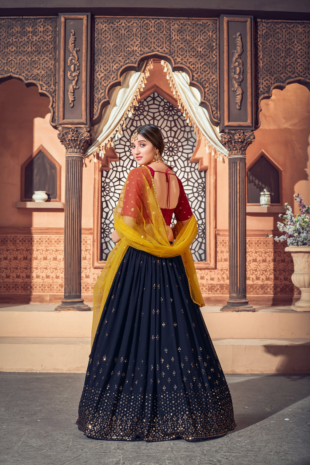 Navy Blue Thread Embroidered Georgette Party Lehenga Choli With Dupatta