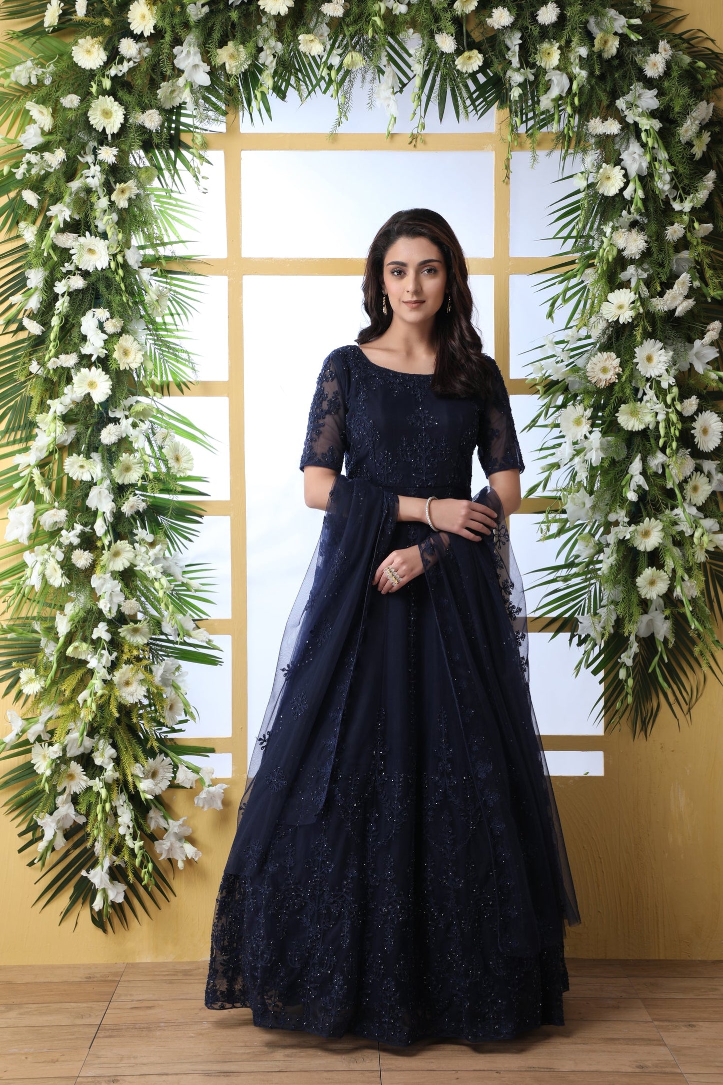 Navy Blue Thread Embroidered Net Party Wear Anarkali Gown With Dupatta