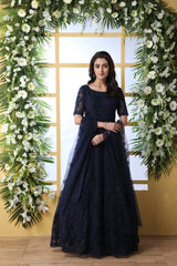 Navy Blue Thread Embroidered Net Party Wear Anarkali Gown With Dupatta