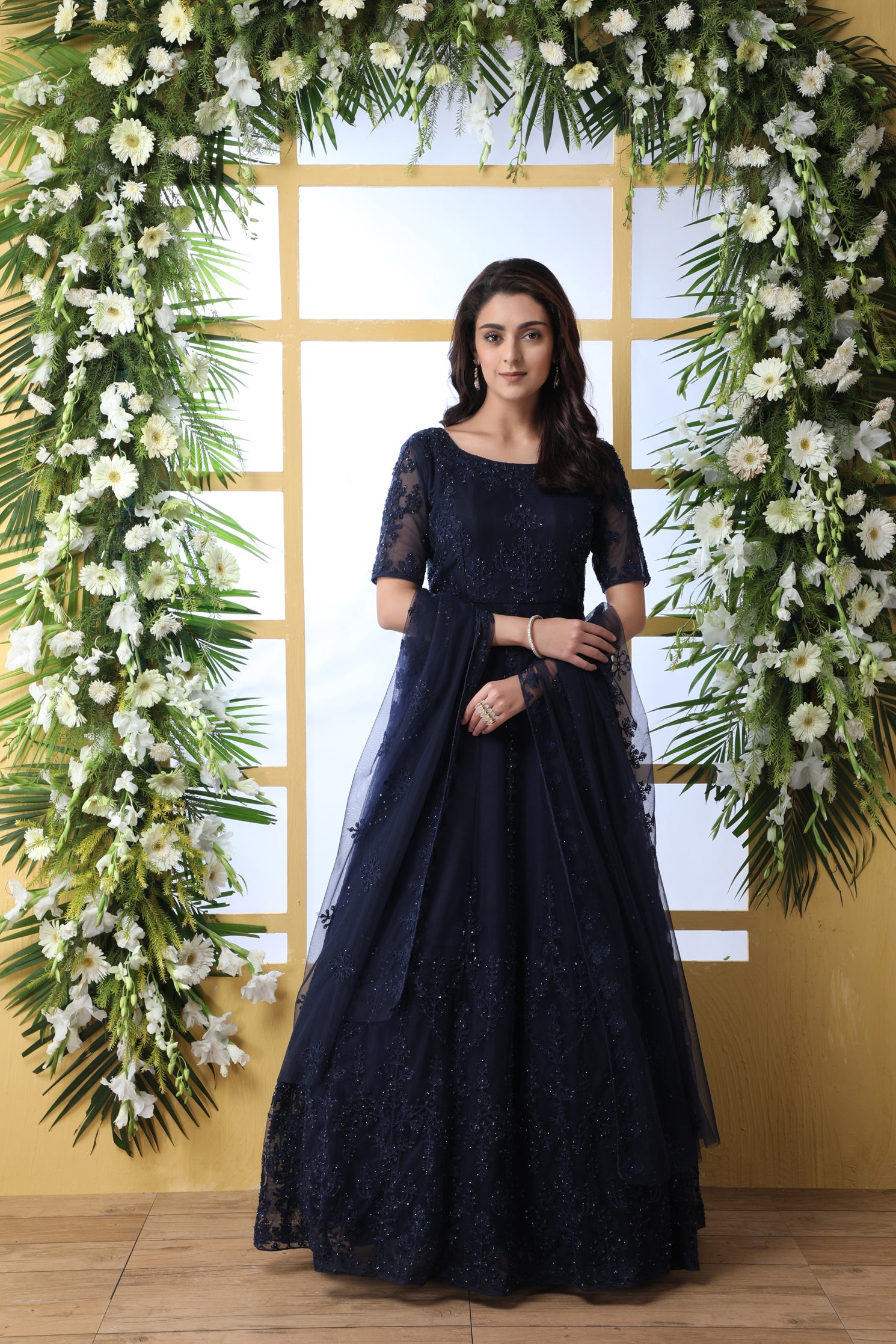 Navy Blue Thread Embroidered Net Party Wear Anarkali Gown With Dupatta