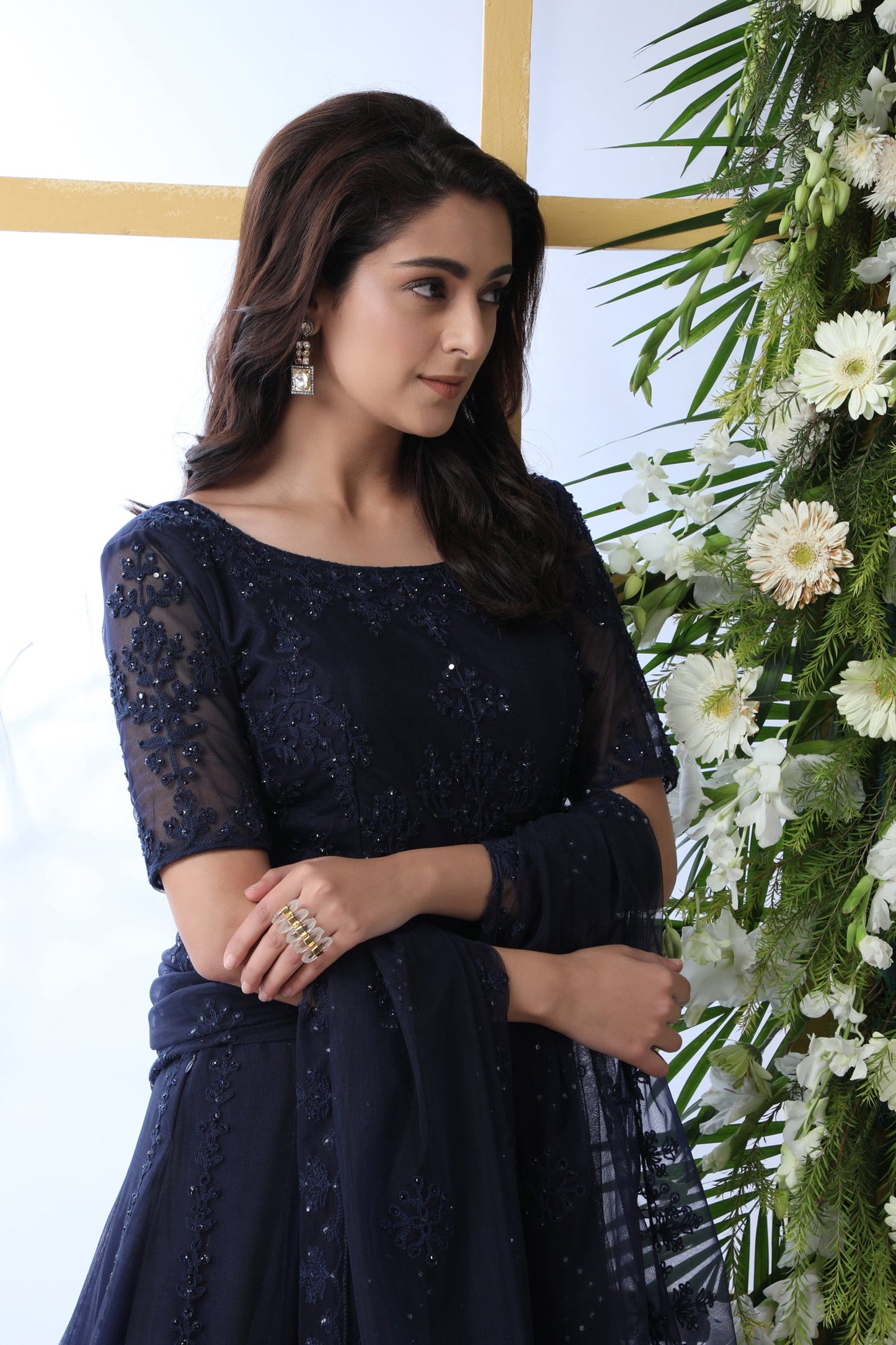 Navy Blue Thread Embroidered Net Party Wear Anarkali Gown With Dupatta