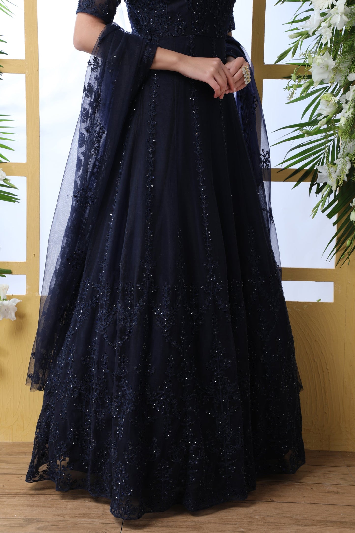 Navy Blue Thread Embroidered Net Party Wear Anarkali Gown With Dupatta