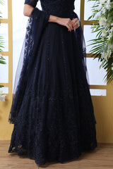 Navy Blue Thread Embroidered Net Party Wear Anarkali Gown With Dupatta
