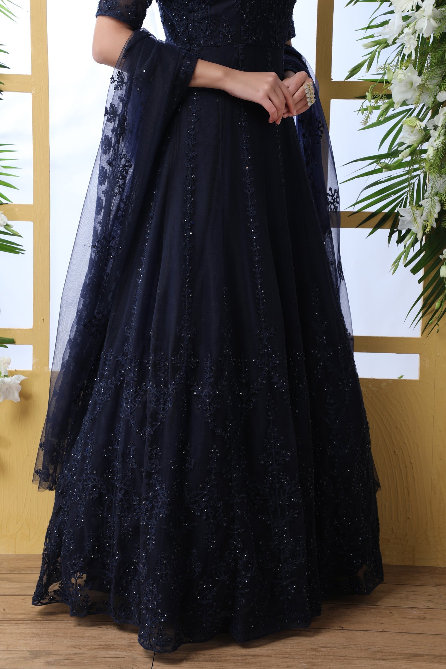 Navy Blue Thread Embroidered Net Party Wear Anarkali Gown With Dupatta