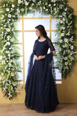 Navy Blue Thread Embroidered Net Party Wear Anarkali Gown With Dupatta