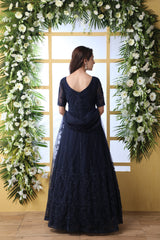 Navy Blue Thread Embroidered Net Party Wear Anarkali Gown With Dupatta