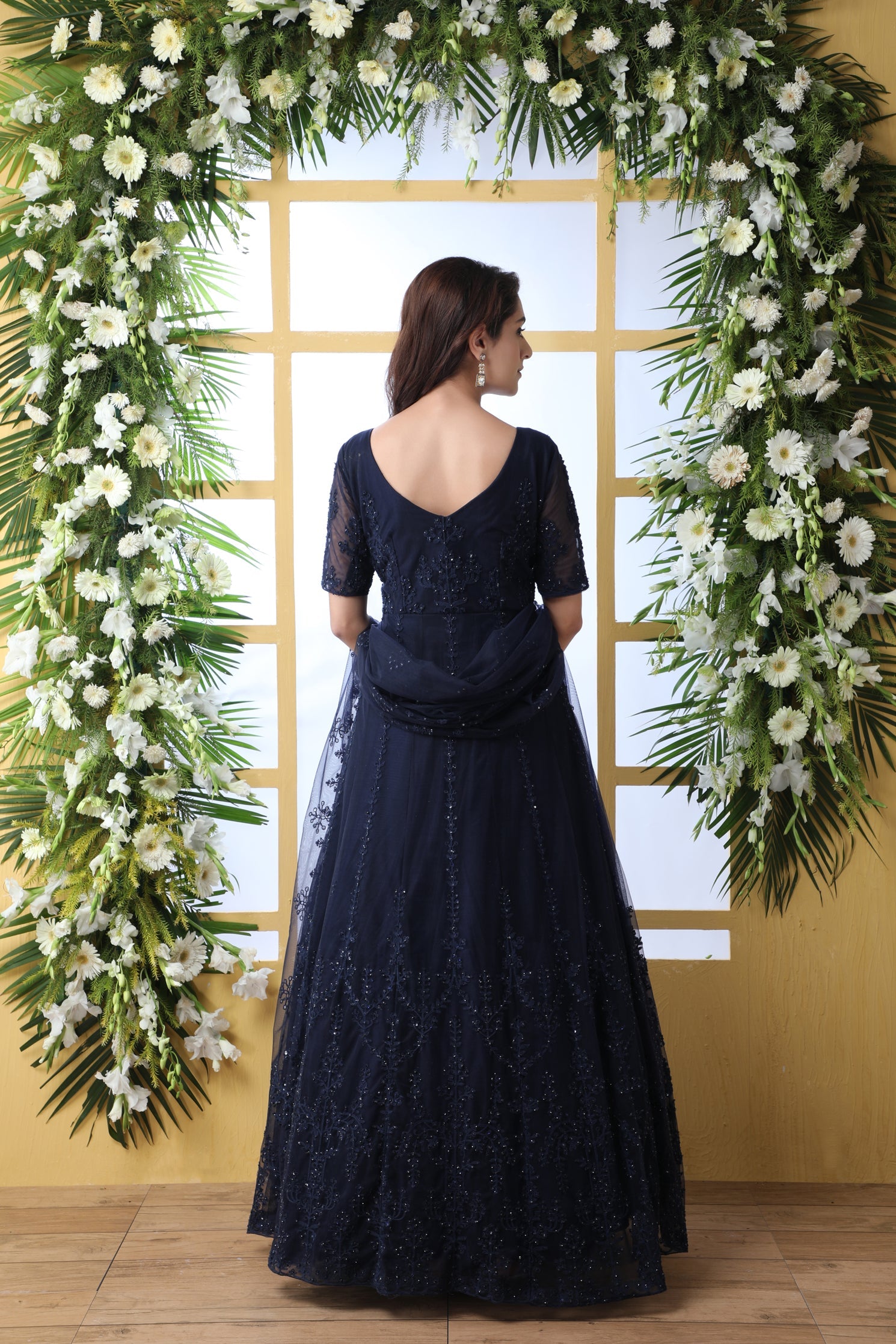 Navy Blue Thread Embroidered Net Party Wear Anarkali Gown With Dupatta