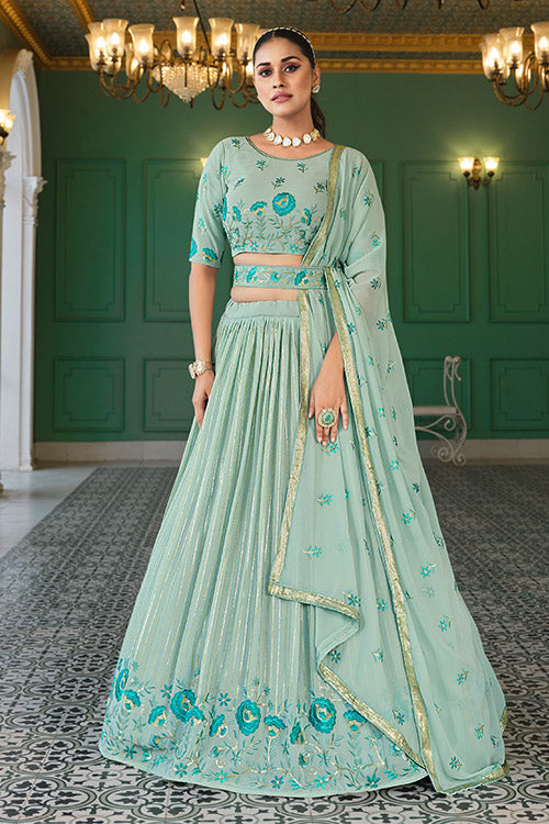 Pista Green Georgette Sequins Embroidered Work On Lehenga Choli