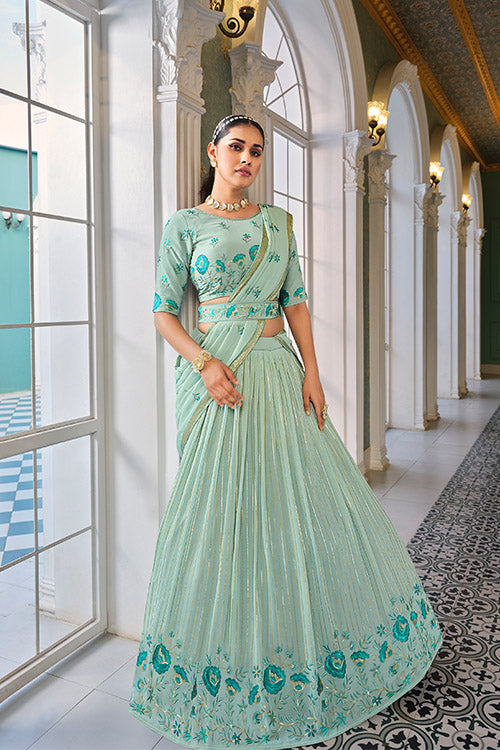 Pista Green Georgette Sequins Embroidered Work On Lehenga Choli