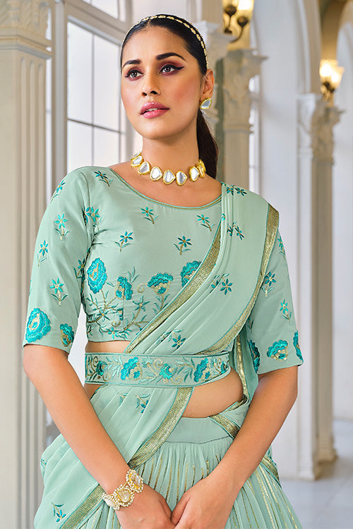 Pista Green Georgette Sequins Embroidered Work On Lehenga Choli